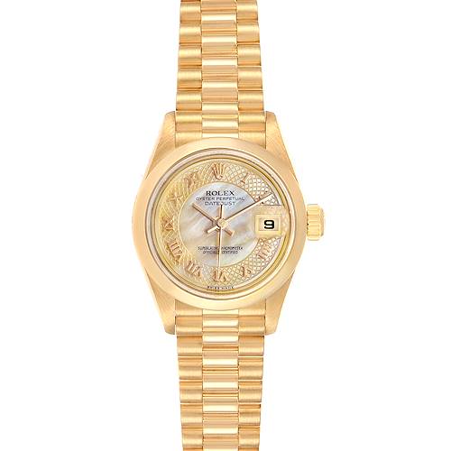 This image shows a frontal view of the Rolex President 79168 Women's Yellow Gold Mother of Pearl Dial 79168 Women's Yellow Gold Mother of Pearl Dial model watch, featuring its gold case, dial, and bracelet.