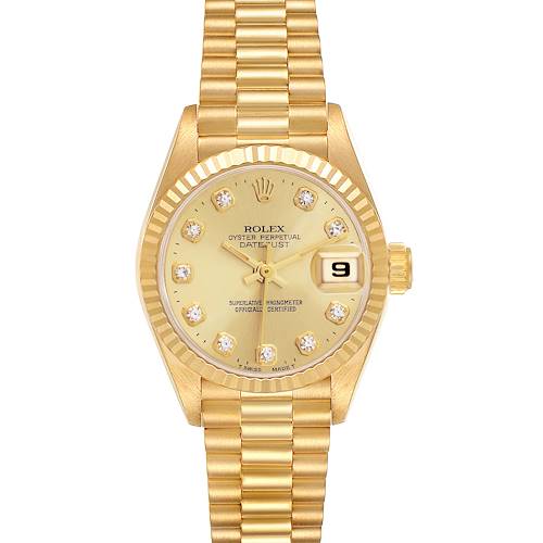The Rolex President 69178 Women's Yellow Gold Champagne Dial 69178 Women's Yellow Gold Champagne Dial model watch is shown from the front, highlighting its gold case, fluted bezel, bracelet, and diamond hour markers.