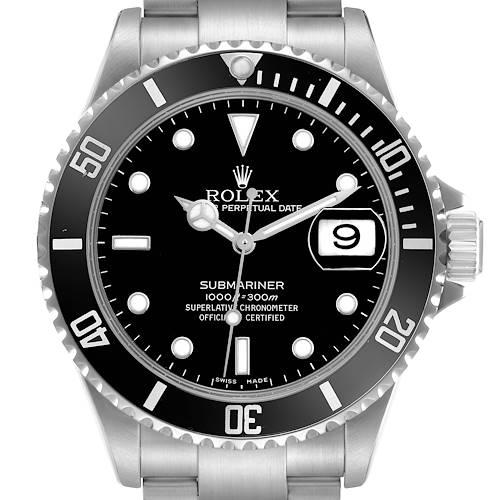 The Rolex Submariner 16610 Men's Stainless Steel Black Dial 16610 Men's Stainless Steel Black Dial watch is shown from a front angle, displaying the dial, bezel, and part of the bracelet.