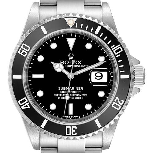 This image shows a frontal view of the Rolex Submariner 16610 Men's Stainless Steel Black Dial 16610 Men's Stainless Steel Black Dial watch, highlighting its bezel, dial, and bracelet.