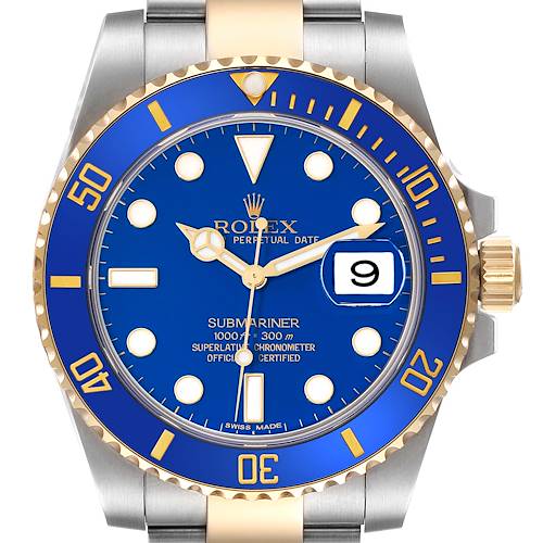The image shows a Rolex Submariner 116613LB Men's Steel and Gold (two tone) Blue Dial 116613LB Men's Steel and Gold (two tone) Blue Dial watch with a blue dial and bezel, displaying the date, and featuring gold and silver accents.