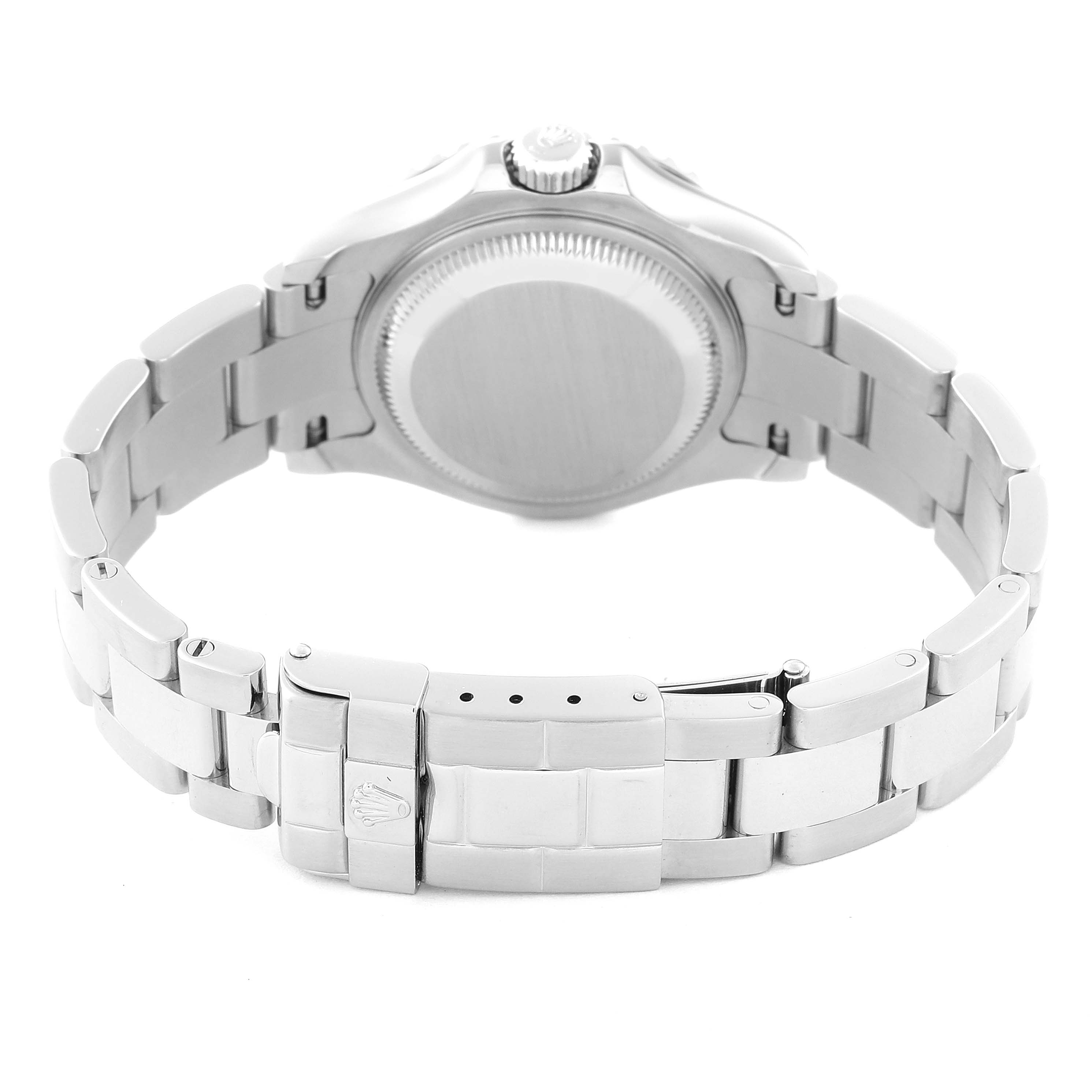 This image shows the back case, bracelet, and clasp of a Rolex Yacht-Master 169622 Women's Stainless Steel Silver Dial 169622 Women's Stainless Steel Silver Dial watch, viewed from the rear.