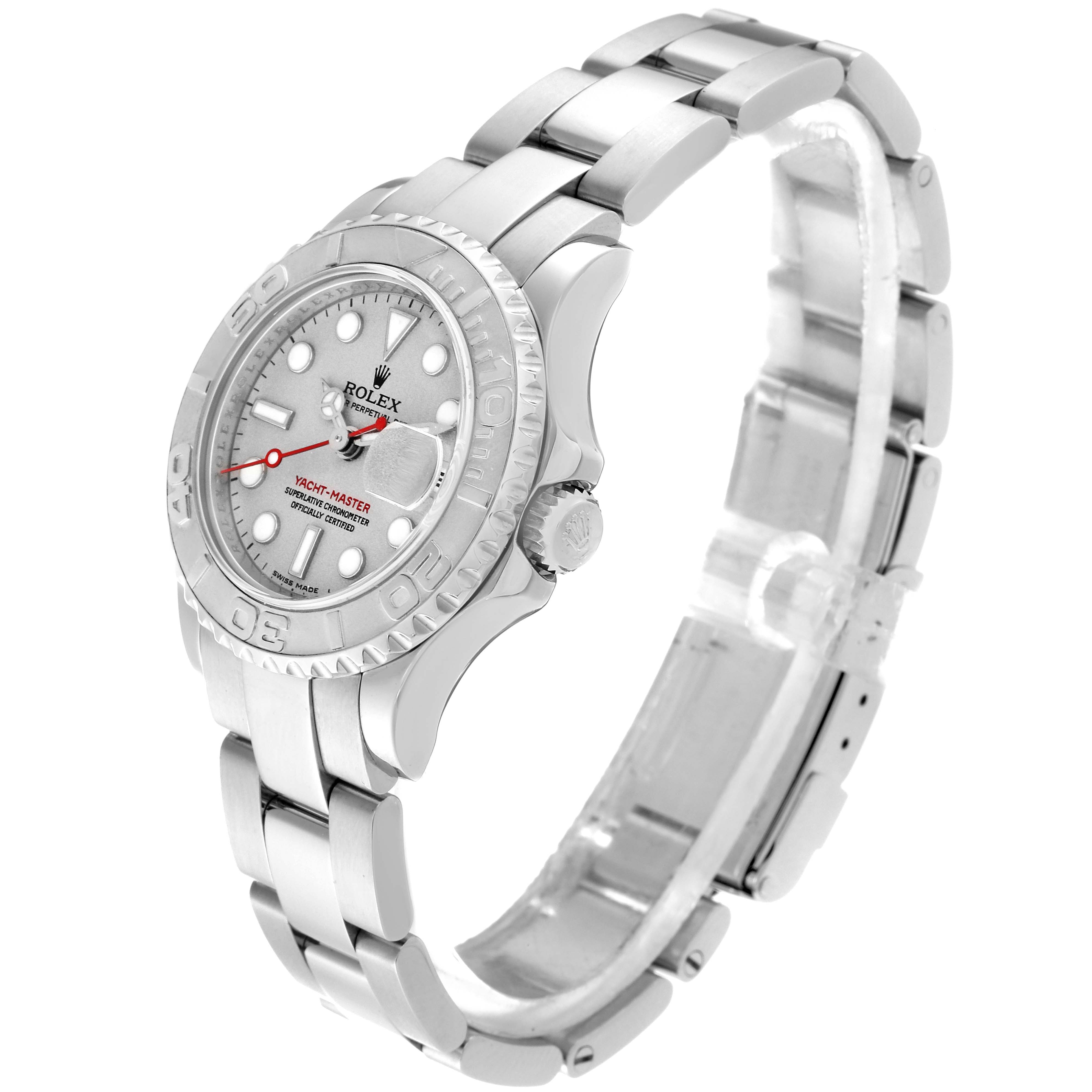 The Rolex Yacht-Master 169622 Women's Stainless Steel Silver Dial 169622 Women's Stainless Steel Silver Dial watch is shown at a front-side angle, displaying the bracelet, bezel, dial, and case.