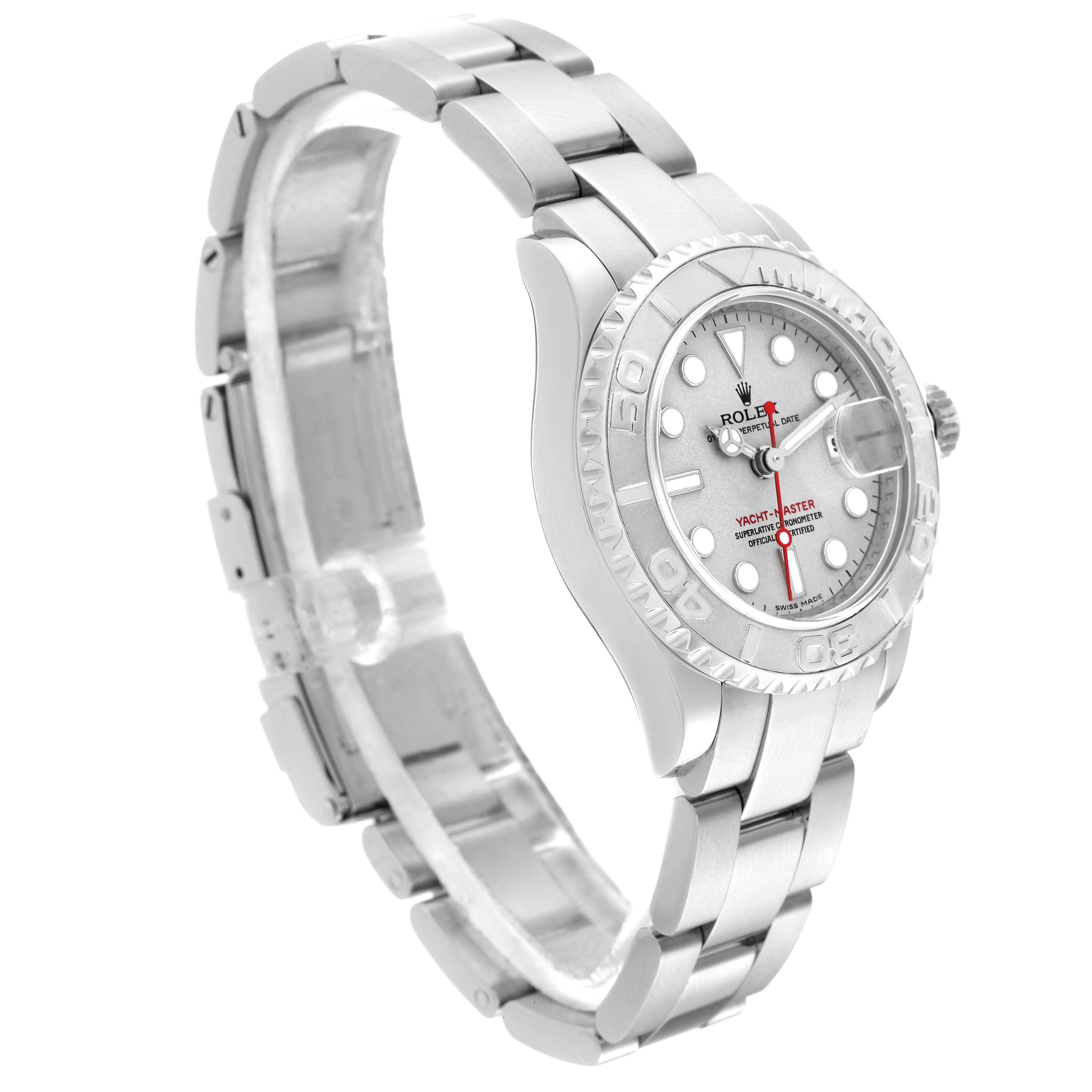 This image shows a side view of a Rolex Yacht-Master 169622 Women's Stainless Steel Silver Dial 169622 Women's Stainless Steel Silver Dial watch, featuring its bracelet, case, and dial.