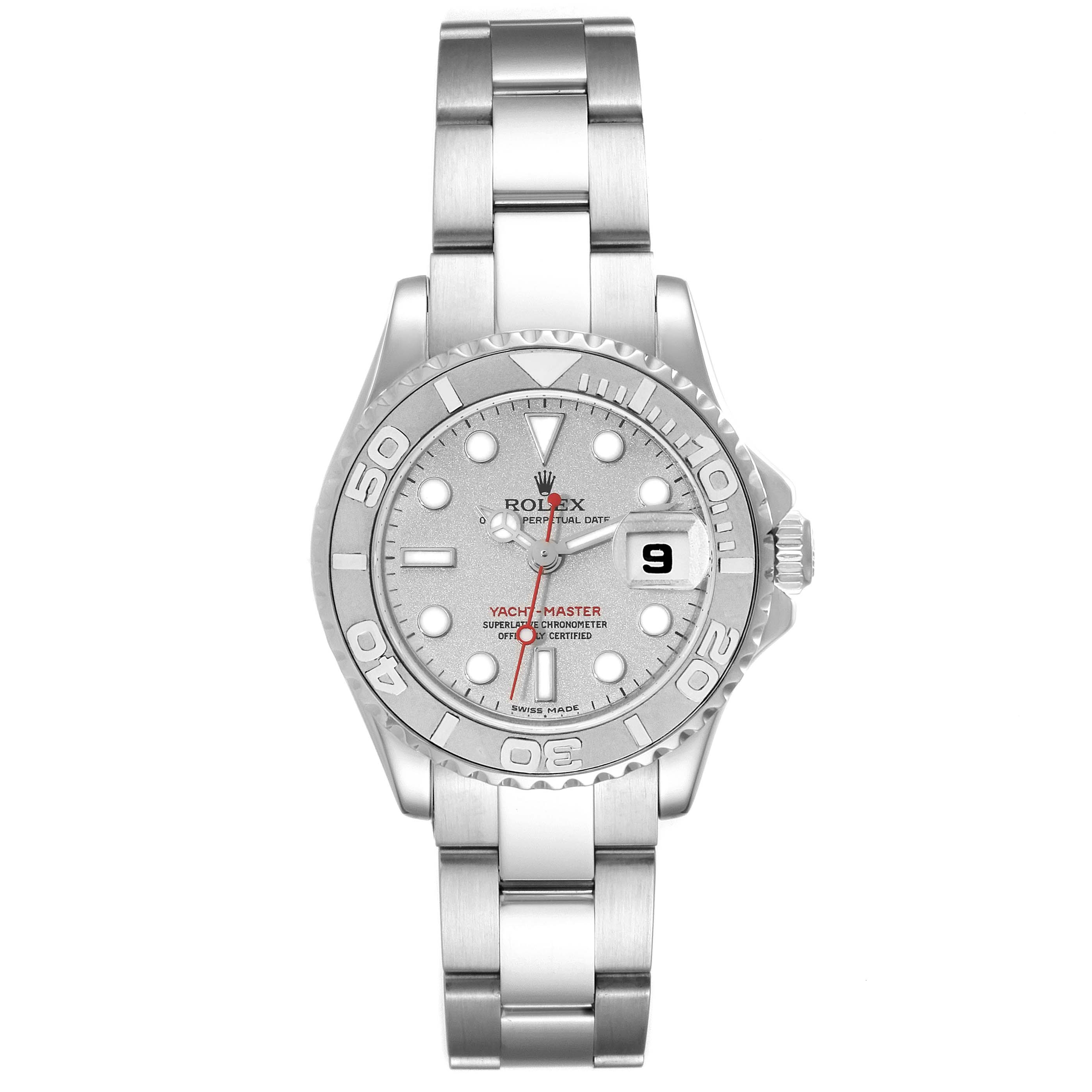 The Rolex Yacht-Master 169622 Women's Stainless Steel Silver Dial 169622 Women's Stainless Steel Silver Dial watch is shown from a straight top-down angle, displaying the bracelet, dial, and clasp.