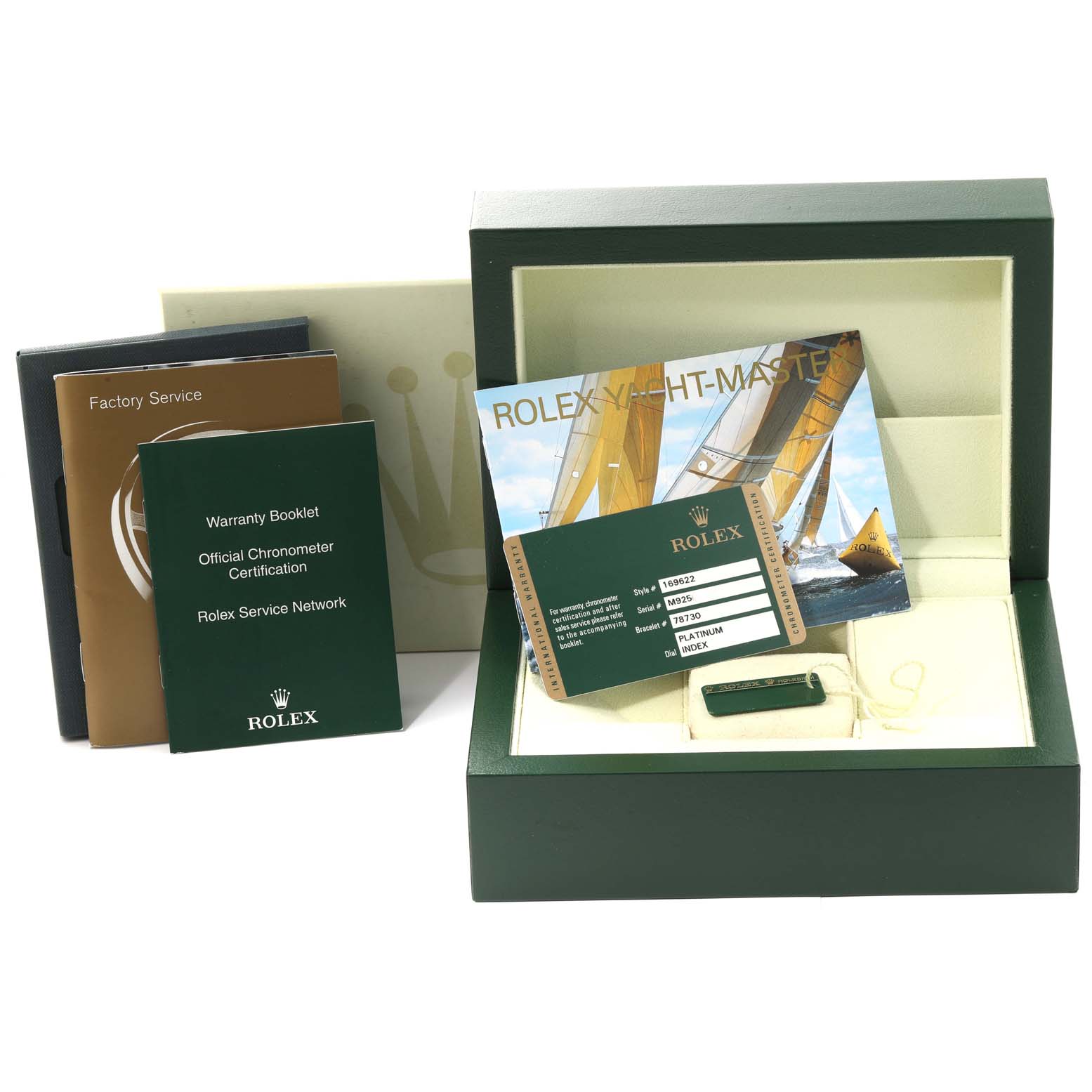 The image shows the packaging, warranty booklet, and service booklets for the Rolex Yacht-Master 169622 Women's Stainless Steel Silver Dial 169622 Women's Stainless Steel Silver Dial watch.