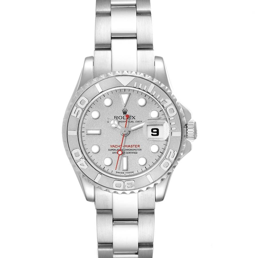 The Rolex Yacht-Master 169622 Women's Stainless Steel Silver Dial 169622 Women's Stainless Steel Silver Dial watch is shown from a top-down angle, displaying the face, bezel, and bracelet.