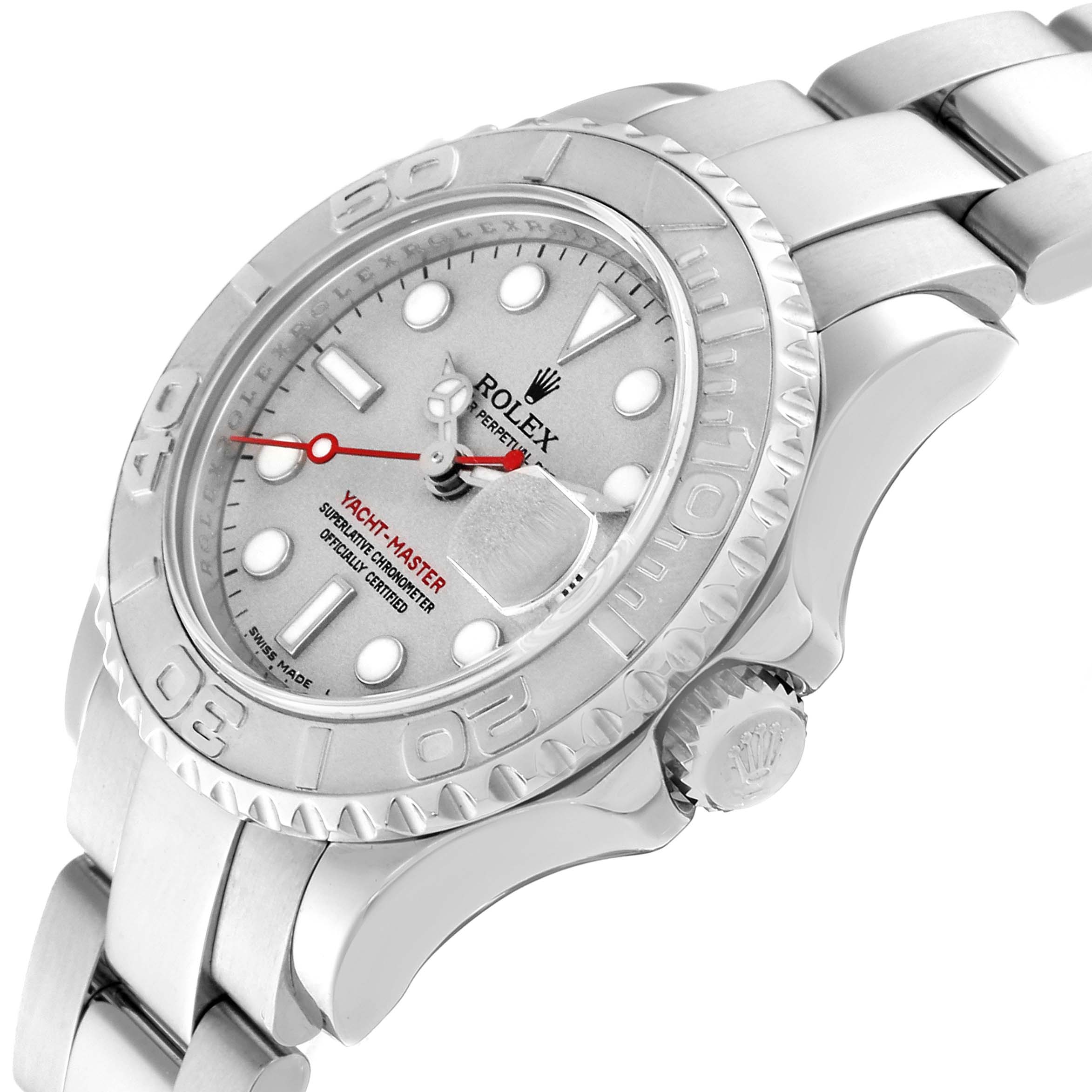 This Rolex Yacht-Master 169622 Women's Stainless Steel Silver Dial 169622 Women's Stainless Steel Silver Dial watch is shown at a slight angle, displaying the face, bezel, crown, and part of the bracelet.