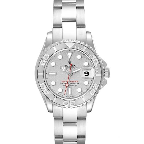 The image shows a front view of the Rolex Yacht-Master 169622 Women's Stainless Steel Silver Dial 169622 Women's Stainless Steel Silver Dial watch, displaying the dial, bezel, bracelet, and crown.