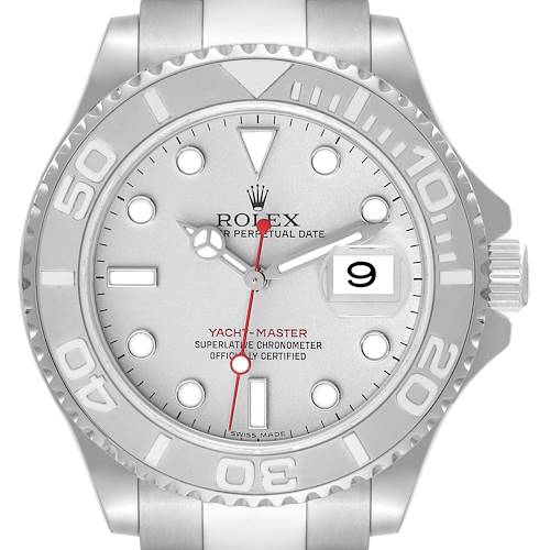 The image displays a front-facing view of a Rolex Yacht-Master 16622 Men's Stainless Steel Silver Dial 16622 Men's Stainless Steel Silver Dial watch, showcasing its face, bezel, and part of the strap.
