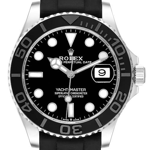 The Rolex Yacht-Master 226659 Men's White Gold Black Dial 226659 Men's White Gold Black Dial watch is shown from the front, displaying the dial, bezel, crown, and part of the strap.