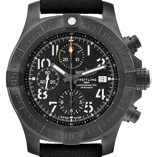 The Breitling Avenger V13317 Men's Titanium Black Dial V13317 Men's Titanium Black Dial watch is shown from the front, displaying its dial, bezel, chronograph subdials, date window, and crown.