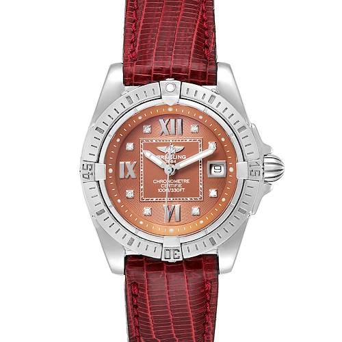 The image shows a front view of the Breitling A71356 Women's Stainless Steel Brown Dial A71356 Women's Stainless Steel Brown Dial Windrider Cockpit Bronze Diamond Dial Ladies Watch A71356 with red strap and silver bezel.