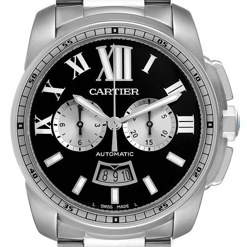 This image shows a frontal view of a Calibre de Cartier watch by Cartier, highlighting its black dial, Roman numerals, and chronograph features.