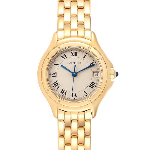 This image shows the front view of a Cartier Panthere 887906 Women's Yellow Gold Silver Dial 887906 Women's Yellow Gold Silver Dial watch, highlighting the dial, Roman numerals, hands, case, and band.