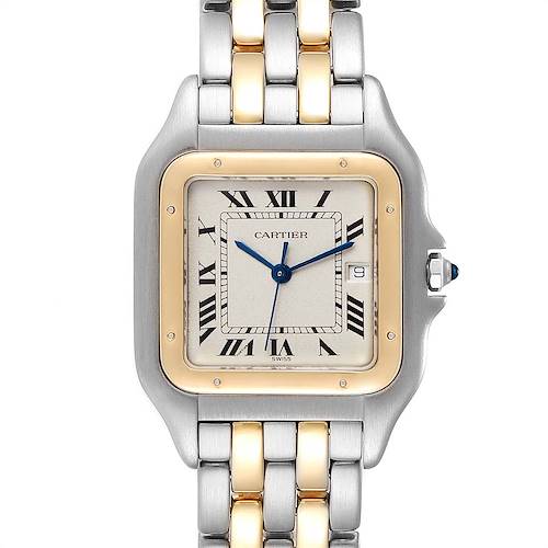 The image shows a Cartier Panthere 187957 Men's Steel and Gold (two tone) Silver Dial 187957 Men's Steel and Gold (two tone) Silver Dial watch from a front angle, displaying its face, two-tone bracelet, and crown with a blue cabochon.