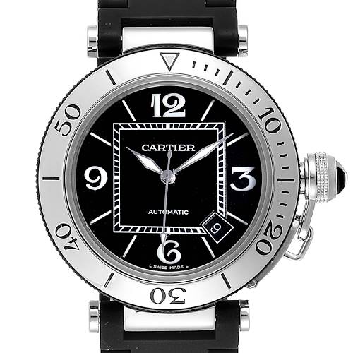 The image shows a frontal view of a Cartier Pasha W31088U2 Men's Stainless Steel Black Dial W31088U2 Men's Stainless Steel Black Dial watch, displaying its dial, bezel, crown, and part of the strap.
