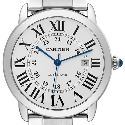 The image shows the face of a Cartier Ronde W6701011 Men's Stainless Steel Silver Dial W6701011 Men's Stainless Steel Silver Dial model watch with Roman numerals and a date window, viewed from a straight-on angle.