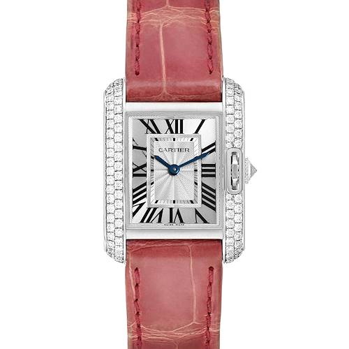 The Cartier Tank Anglaise WT100015 Women's White Gold Silver Dial WT100015 Women's White Gold Silver Dial watch is shown from a top view, highlighting its pink strap, rectangular face, Roman numerals, and diamond-encrusted borders.