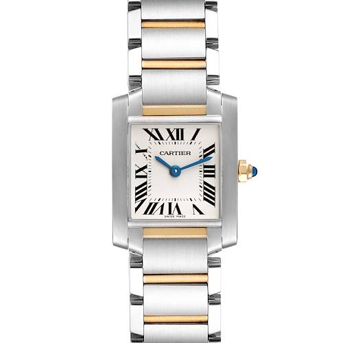 The image shows a Cartier Tank Francaise W51007Q4 Women's Steel and Gold (two tone) Silver Dial W51007Q4 Women's Steel and Gold (two tone) Silver Dial watch with a square face, Roman numerals, and a stainless steel and gold link bracelet, from a front angle.