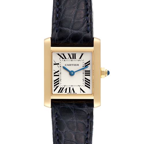 The Cartier Tank Francaise W5000256 Women's Yellow Gold Silver Dial W5000256 Women's Yellow Gold Silver Dial watch is shown from a top-down angle, highlighting its rectangular face, Roman numerals, and blue hands.