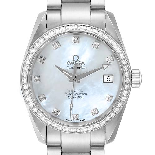 The image shows a frontal view of the Omega 2509.75.00 Women's Stainless Steel Mother of Pearl Dial 2509.75.00 Women's Stainless Steel Mother of Pearl Dial Aqua Terra 36 Steel MOP Diamond Ladies Watch 2509.75.00, highlighting its dial and bezel.
