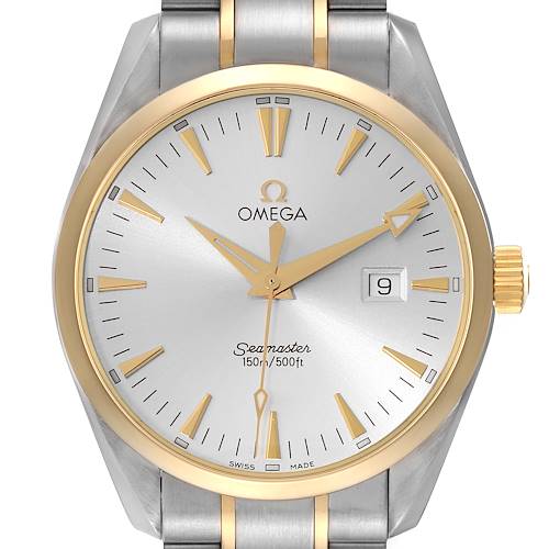 The image shows the front view of an Omega Seamaster Aqua Terra watch, displaying the dial, hands, date window, and part of the bracelet.