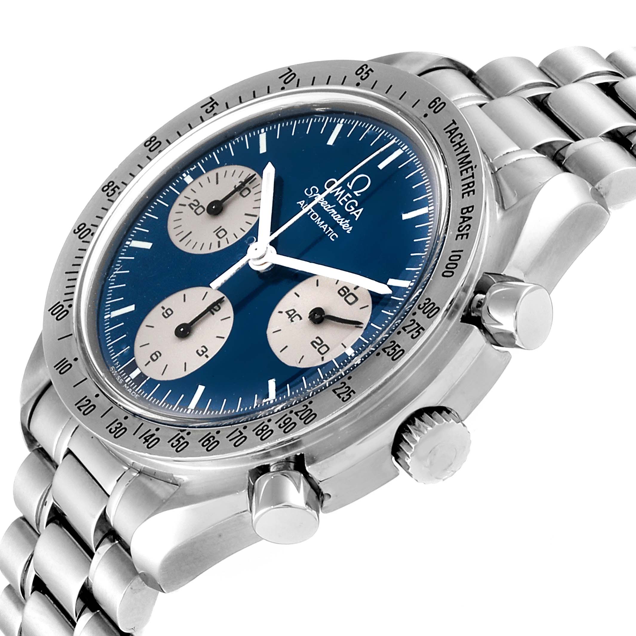 This image shows an Omega Speedmaster 3510.82.00 Men's Stainless Steel Blue Dial 3510.82.00 Men's Stainless Steel Blue Dial watch at a three-quarter angle, highlighting the bezel, dial, sub-dials, crown, and bracelet.