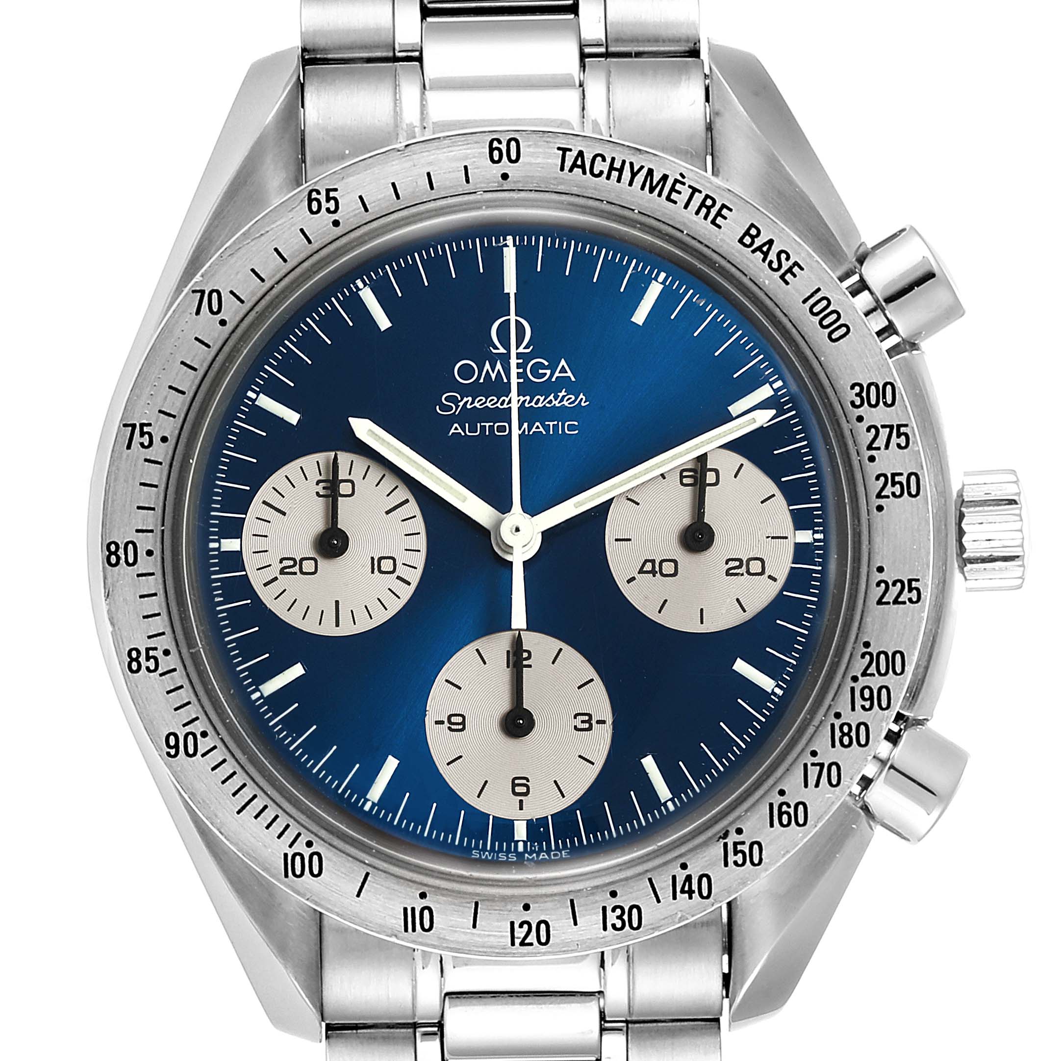 This image shows a frontal view of the Omega Speedmaster 3510.82.00 Men's Stainless Steel Blue Dial 3510.82.00 Men's Stainless Steel Blue Dial watch, detailing the dial, tachymeter, and chronograph subdials.
