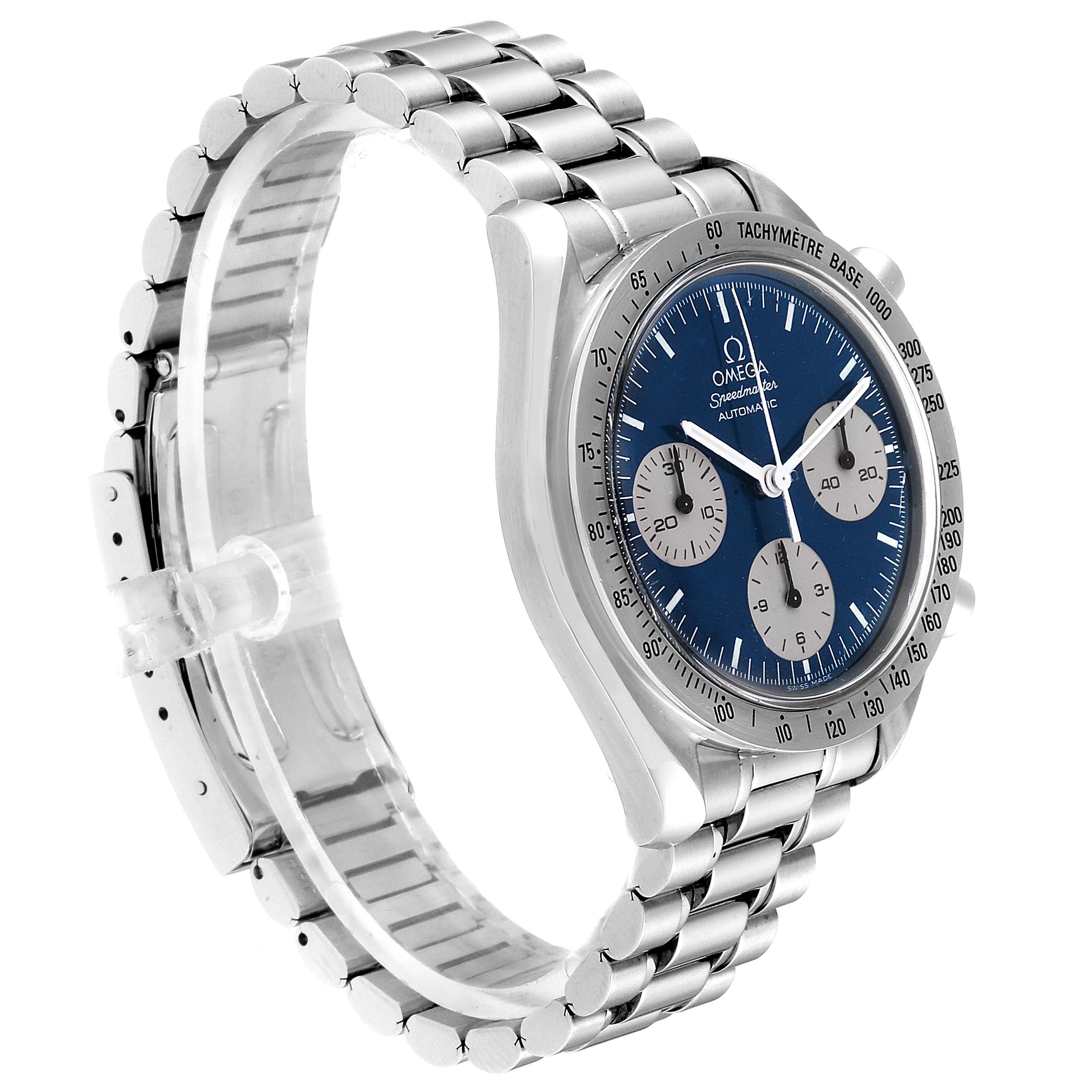 The Omega Speedmaster 3510.82.00 Men's Stainless Steel Blue Dial 3510.82.00 Men's Stainless Steel Blue Dial watch is shown at a 3/4 angle, displaying its blue dial, tachymeter bezel, and metal bracelet.