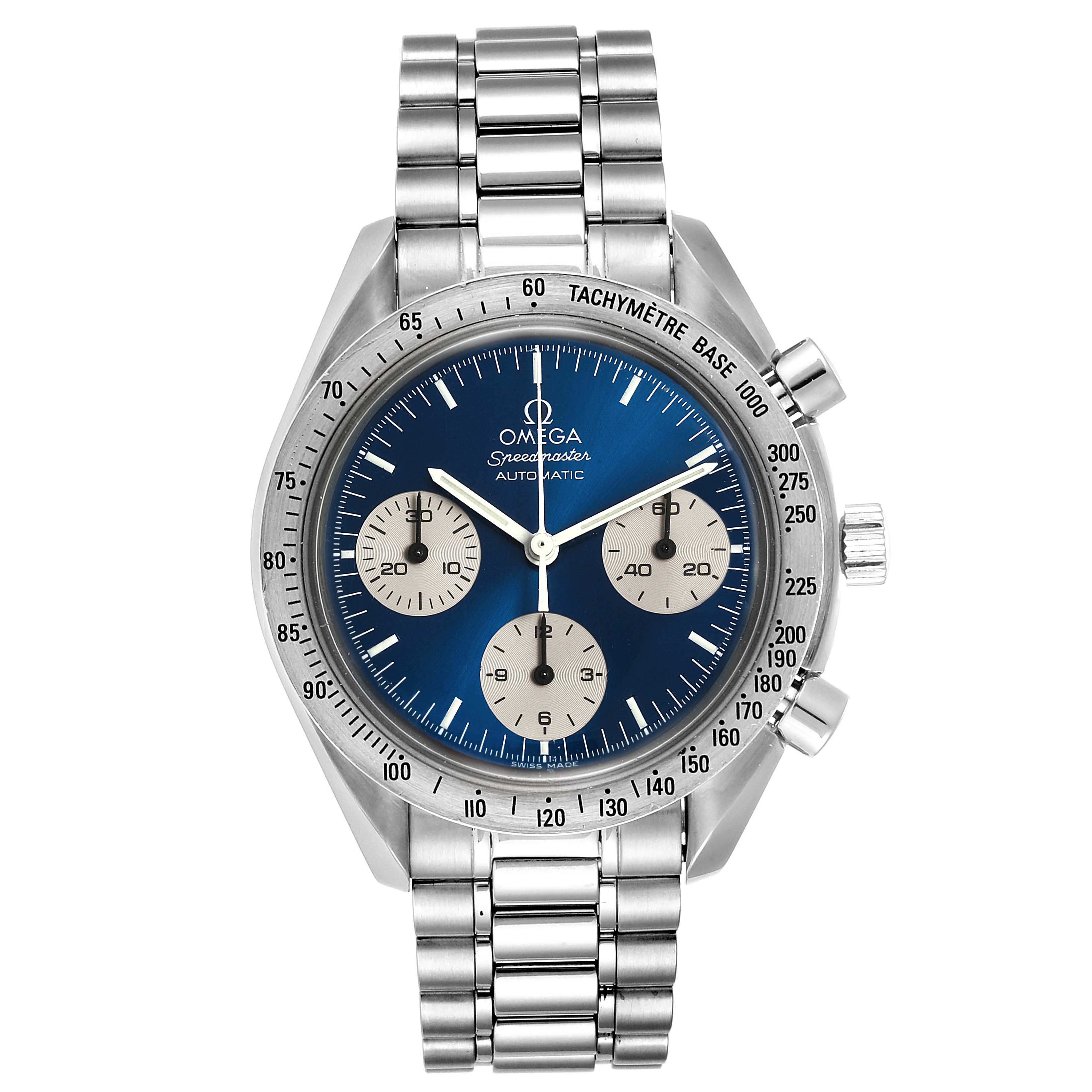 This is an Omega Speedmaster 3510.82.00 Men's Stainless Steel Blue Dial 3510.82.00 Men's Stainless Steel Blue Dial watch with a silver bracelet, blue dial, and three subdials, shown from a front view.