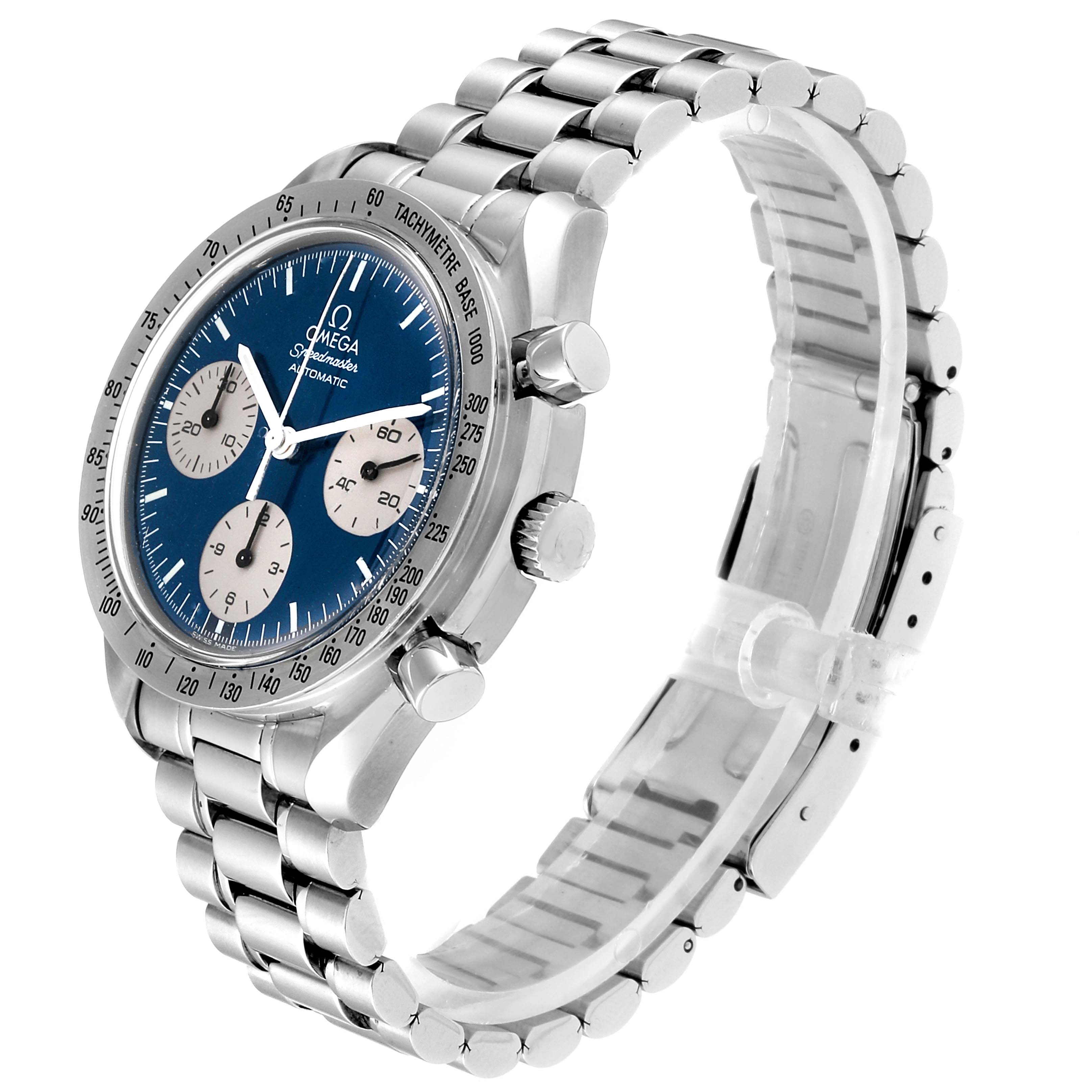 The Omega Speedmaster 3510.82.00 Men's Stainless Steel Blue Dial 3510.82.00 Men's Stainless Steel Blue Dial watch is shown from a three-quarter angle, highlighting the face, bezel, crown, pushers, and metal bracelet.