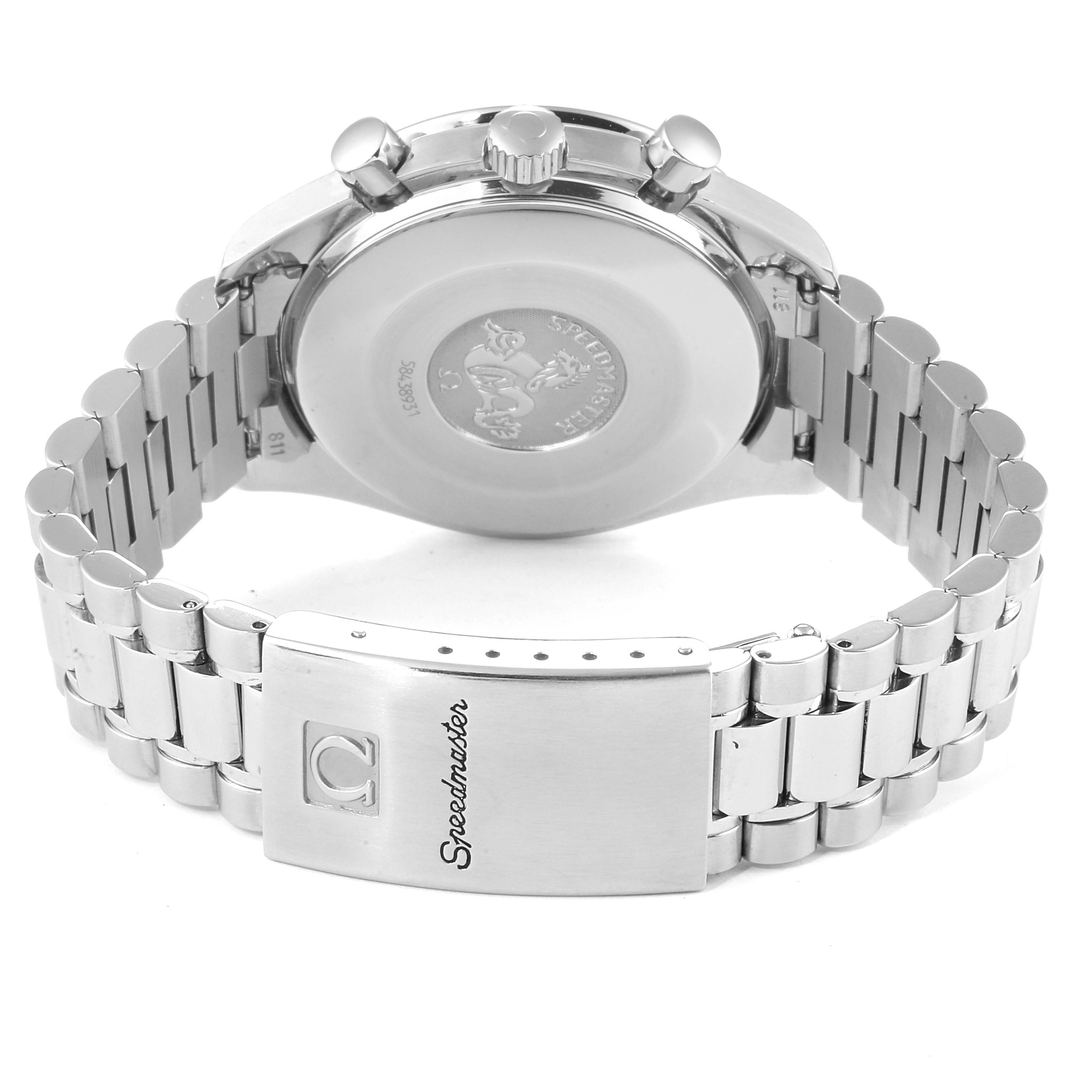 The image shows the back view of an Omega Speedmaster 3510.82.00 Men's Stainless Steel Blue Dial 3510.82.00 Men's Stainless Steel Blue Dial watch, highlighting its clasp, case back, and bracelet.