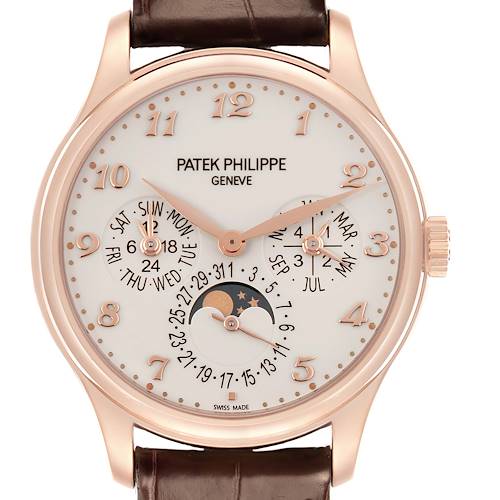 The Patek Philippe Complications 5327R Men's Rose Gold White Dial 5327R Men's Rose Gold White Dial watch is shown from the front, displaying the dial featuring calendar functions and a moon phase.