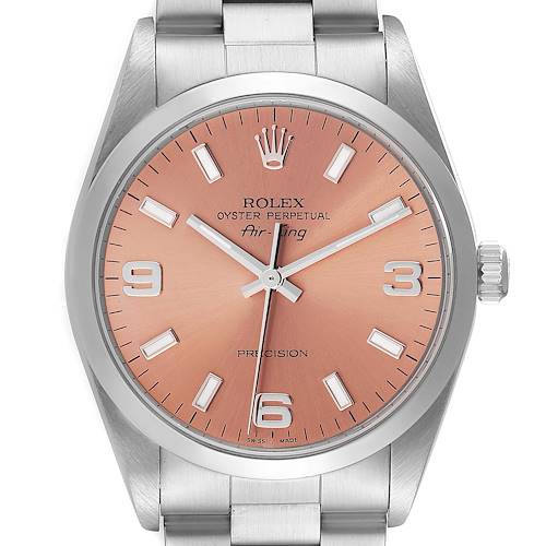 This Rolex Air-King 14000 Men's Stainless Steel Pink Dial 14000 Men's Stainless Steel Pink Dial watch is shown from the front, highlighting the dial, hands, crown, and part of the bracelet.