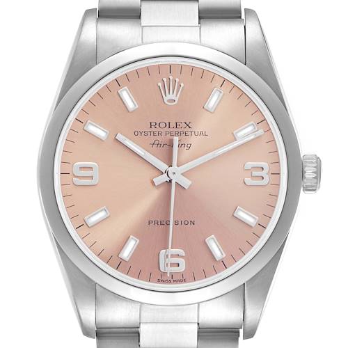 The Rolex Air-King 14000 Men's Stainless Steel Pink Dial 14000 Men's Stainless Steel Pink Dial watch is shown from the front, highlighting the dial, hands, markers, crown, and part of the bracelet.