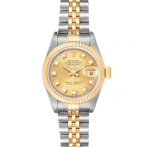 The image shows a front view of the Rolex Datejust 69173 Women's Steel and Gold (two tone) Champagne Dial 69173 Women's Steel and Gold (two tone) Champagne Dial watch displaying its gold dial, two-tone bracelet, fluted bezel, and date window.