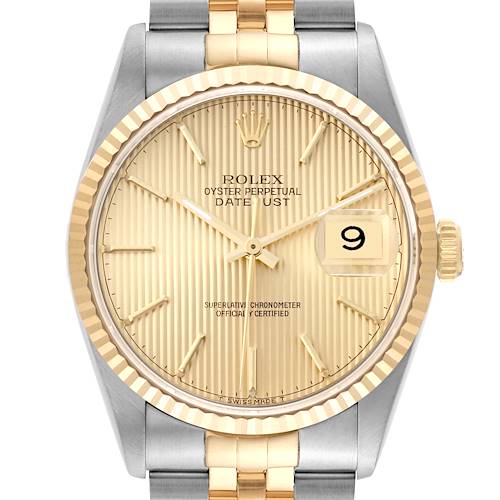 The Rolex Datejust 16233 Men's Steel and Gold (two tone) Champagne Dial 16233 Men's Steel and Gold (two tone) Champagne Dial watch is shown from a front angle, displaying the face, bezel, crown, and partial bracelet.
