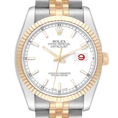The image shows a close-up of a Rolex Datejust 116233 Men's Steel and Gold (two tone) White Dial 116233 Men's Steel and Gold (two tone) White Dial watch face, bezel, and part of the bracelet.