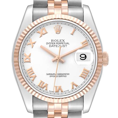 This image shows a front view of a Rolex Datejust 116231 Men's Steel and Gold (two tone) White Dial 116231 Men's Steel and Gold (two tone) White Dial watch, highlighting the face, bezel, crown, and part of the bracelet.