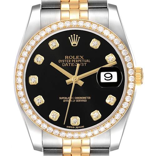 This Rolex Datejust 116243 Men's Steel and Gold (two tone) Black Dial 116243 Men's Steel and Gold (two tone) Black Dial watch is shown from a front angle, highlighting its diamond-set bezel, black dial, and date window.