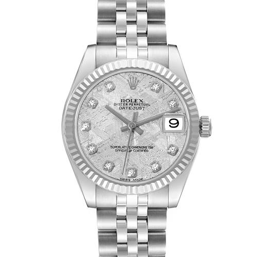 This image shows a front view of a Rolex Mid-Size 178274 Women's Stainless Steel Silver Dial 178274 Women's Stainless Steel Silver Dial Oyster Perpetual Datejust watch, detailing its face, bezel, and bracelet.