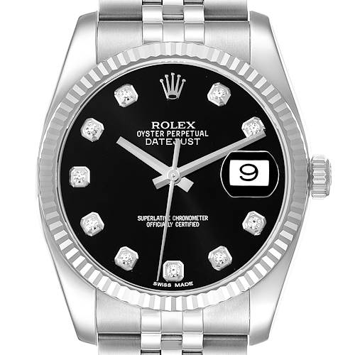 The Rolex Datejust 116234 Men's Stainless Steel Black Dial 116234 Men's Stainless Steel Black Dial watch is shown from the front, highlighting its black dial, fluted bezel, and date window at 3 o'clock.