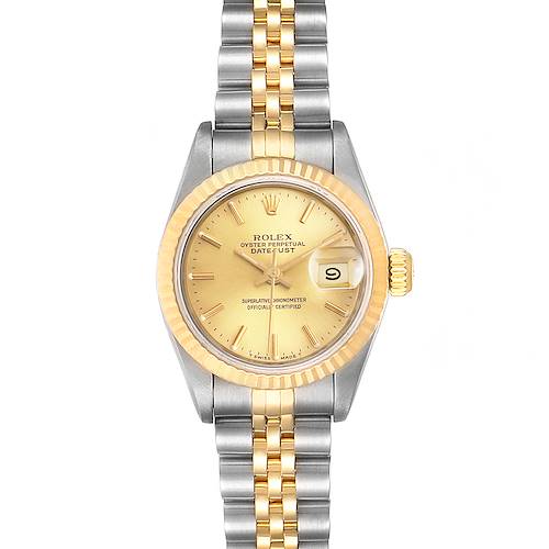 This is a front view of a Rolex Datejust 69173 Women's Steel and Gold (two tone) Champagne Dial 69173 Women's Steel and Gold (two tone) Champagne Dial watch showing its face, bezel, crown, and two-tone bracelet.