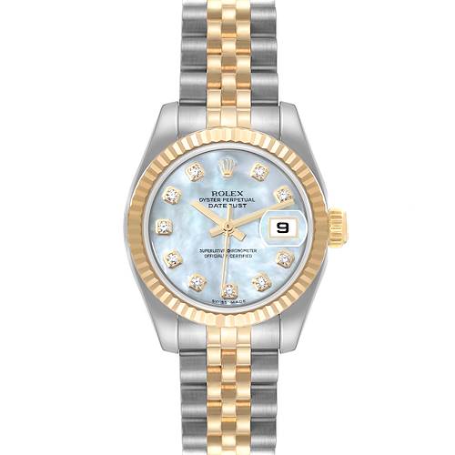 The image shows a front view of the Rolex Datejust 179173 Women's Steel and Gold (two tone) Mother of Pearl Dial 179173 Women's Steel and Gold (two tone) Mother of Pearl Dial watch, showcasing its dial, bezel, and two-tone bracelet.
