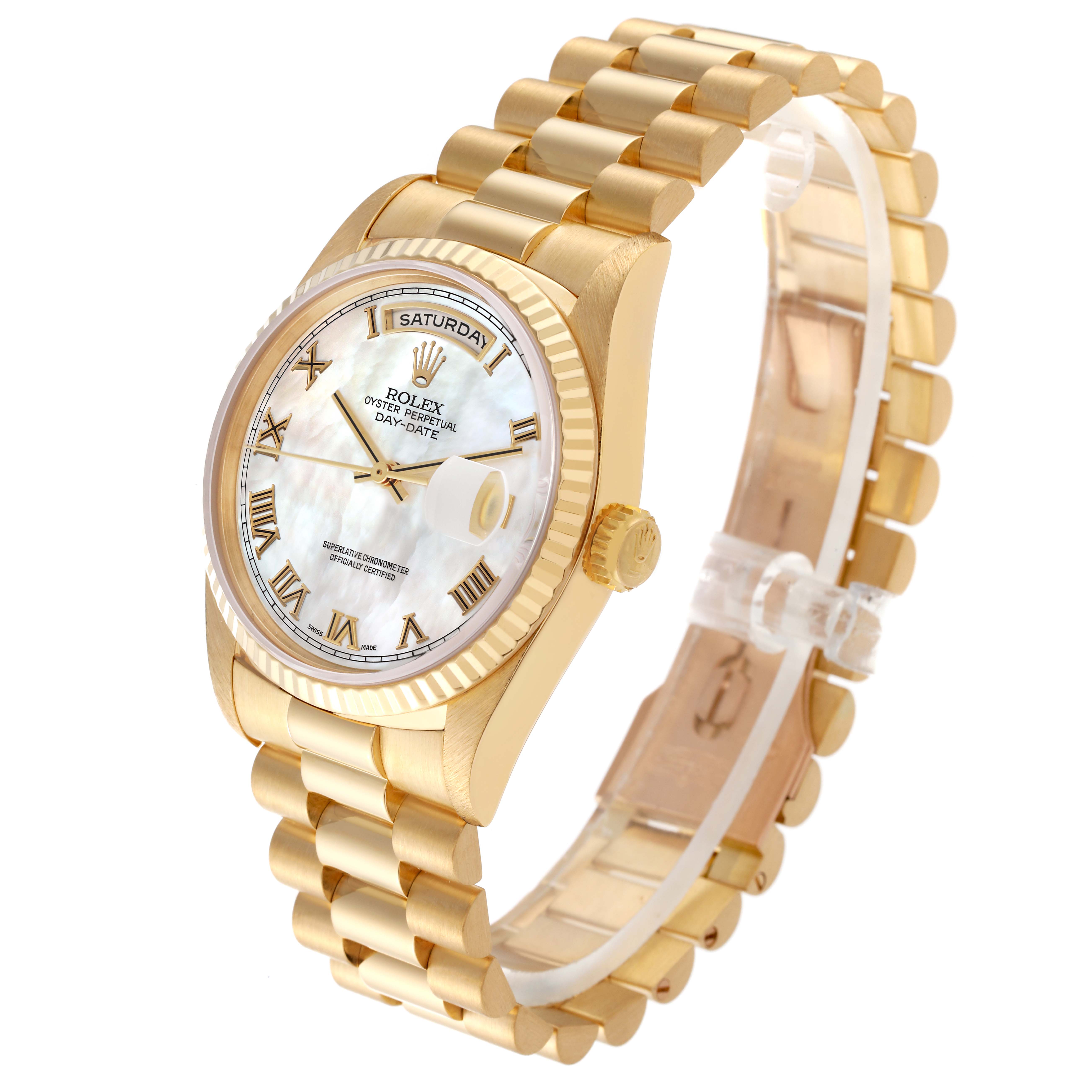 The image displays an angled view of a gold Rolex President 18238 Men's Yellow Gold Mother of Pearl Dial 18238 Men's Yellow Gold Mother of Pearl Dial Oyster Perpetual Day-Date watch, showcasing the face, strap, and crown.