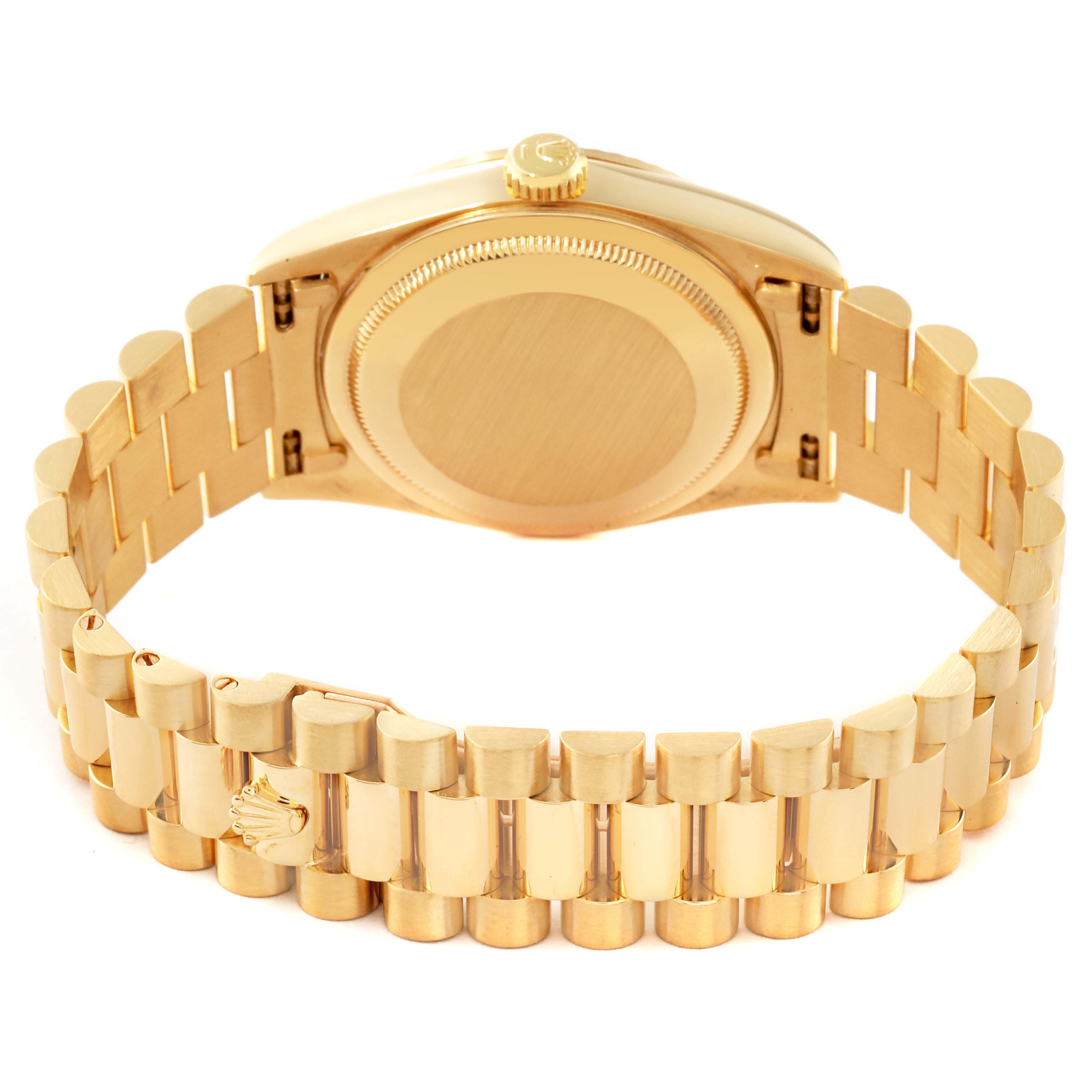 This image shows the rear view of a Rolex President 18238 Men's Yellow Gold Mother of Pearl Dial 18238 Men's Yellow Gold Mother of Pearl Dial model watch, highlighting the case back and bracelet.