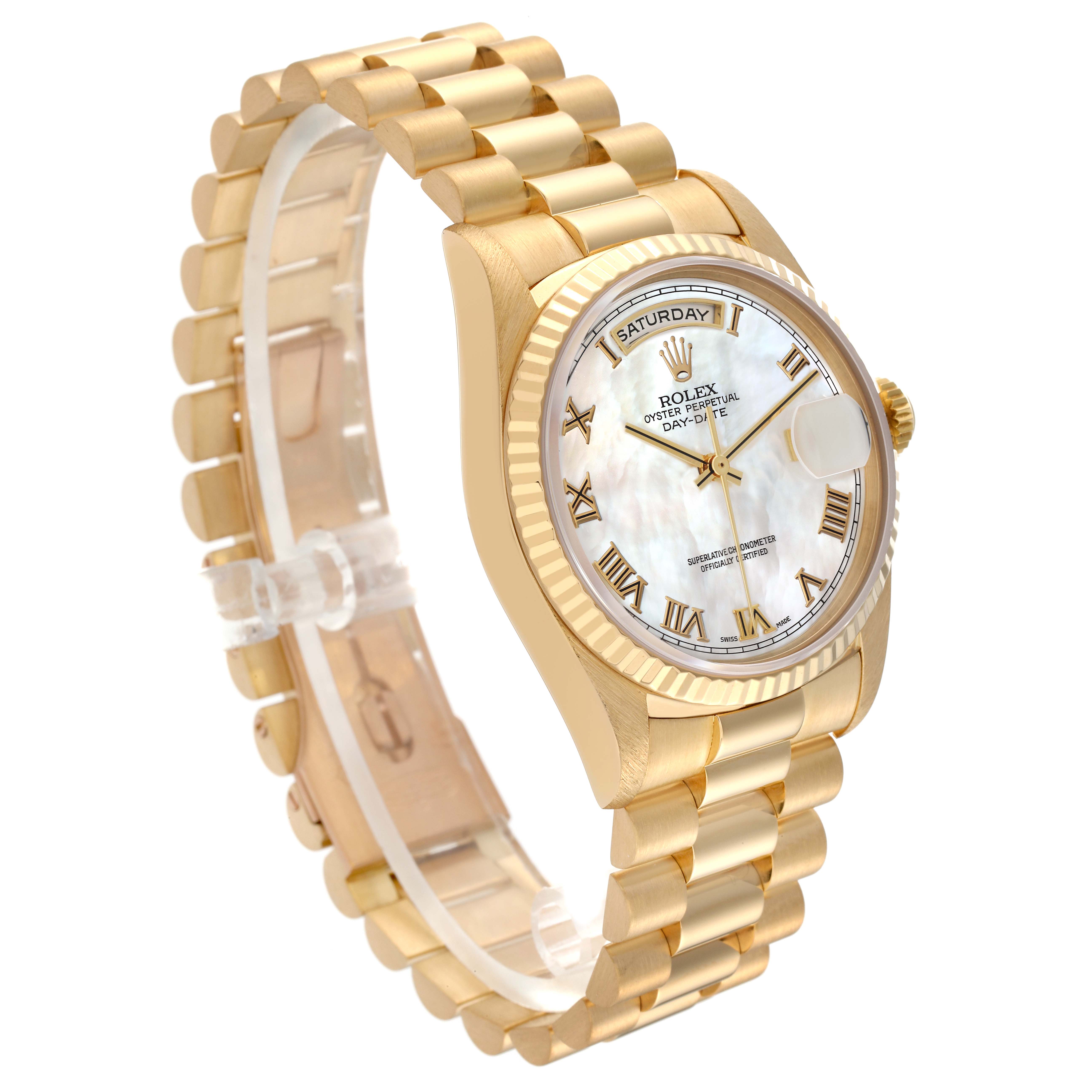 This Rolex President 18238 Men's Yellow Gold Mother of Pearl Dial 18238 Men's Yellow Gold Mother of Pearl Dial model watch is shown at a slight angle, highlighting its gold bracelet, case, fluted bezel, and white dial.