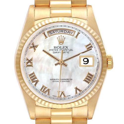 The image shows a front view of a Rolex President 18238 Men's Yellow Gold Mother of Pearl Dial 18238 Men's Yellow Gold Mother of Pearl Dial Day-Date watch, highlighting the dial, bezel, and part of the bracelet.