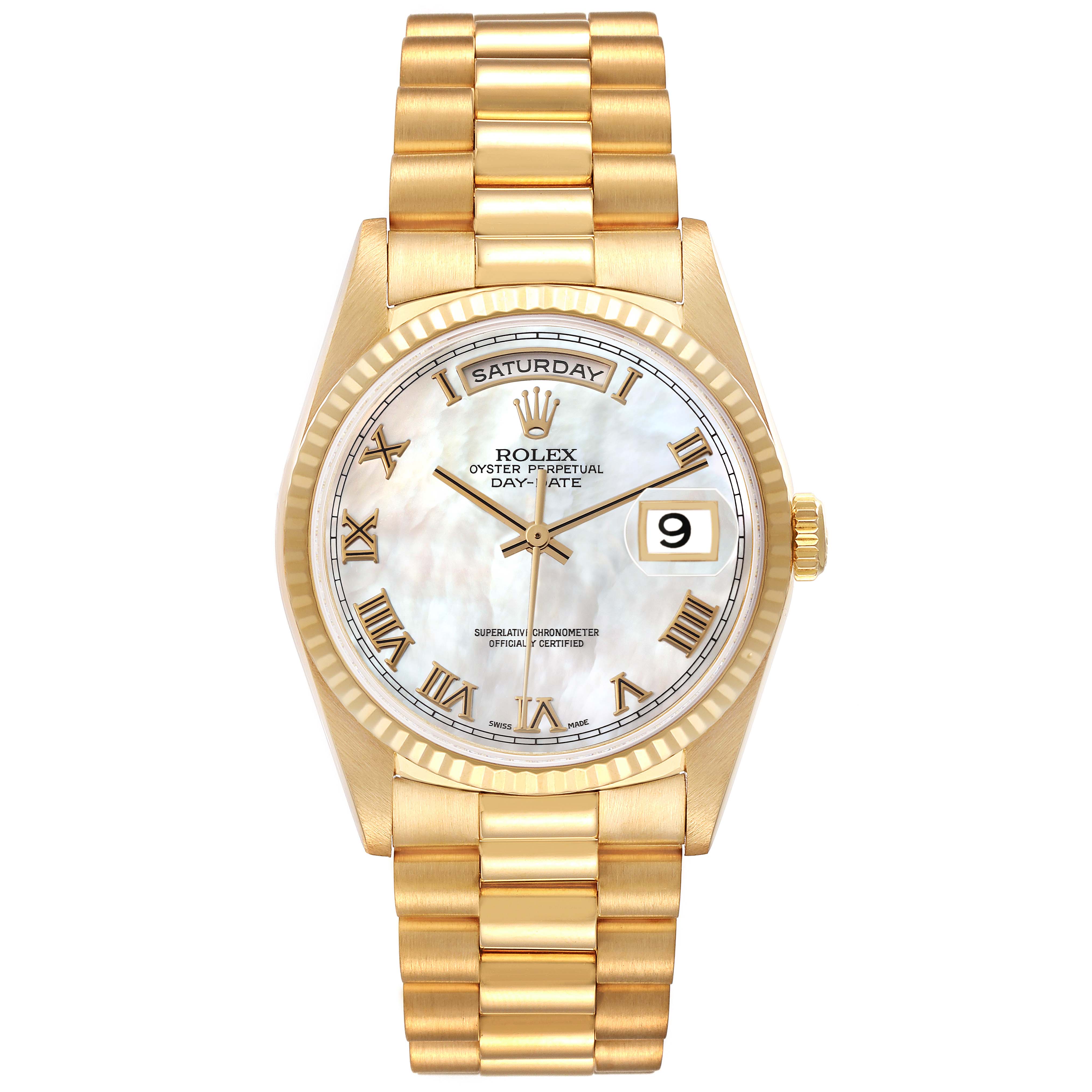The image shows a frontal view of a Rolex President 18238 Men's Yellow Gold Mother of Pearl Dial 18238 Men's Yellow Gold Mother of Pearl Dial model watch, displaying its dial, bracelet, and crown.